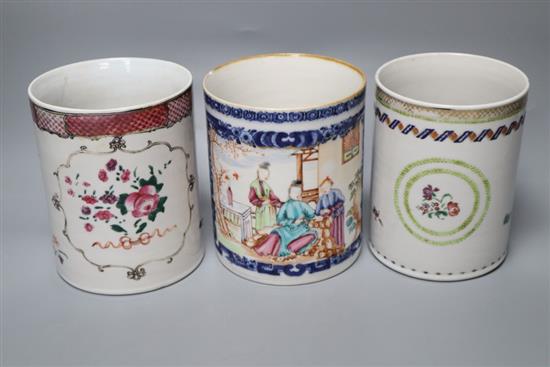 Two Chinese export famille rose mugs, Qianlong and a Chinese export Imari bulle shaped teapot and cover, Qianlong